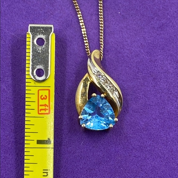 💛 Vintage 10k Gold with Blue Topaz & Diamond Pendant Necklace - Picture 5 of 6